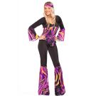 Womens 70s disco costume with psychedelic bell sleeves and flared pants