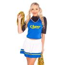 Adult blue cheerleader costume with crop top and pleated skirt