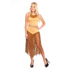 Womens wilderness princess costume with tan fringe dress and geometric headband