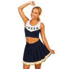Adult navy blue cheerleader costume with cropped top and pleated skirt