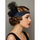 Navy and black feather flapper headband with beaded crystal applique on elastic band
