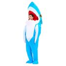 Adult inflatable shark attack costume front view with turquoise body and red mouth opening