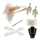 Complete 6-piece 1920s accessory kit showing gold and champagne Art Deco jewellery, white gloves and vintage cigarette holder prop