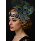 Adult 1920s peacock feather flapper headband with black sequined elastic band and rhinestone Art Deco applique