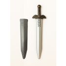 Greek warrior sword with bronze hilt and silver blade, matching gray scabbard with embossed motifs