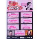 Adult woman wearing fuchsia novelty mustache showing adhesive backing and fit
