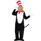 Adult black cat costume jumpsuit with red striped stovepipe hat and white furry chest panel
