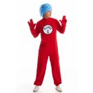 Back view of red jumpsuit showing center-back zipper closure and attached gloves