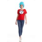 Women's bright red Thing T-shirt costume with white circular number 1 label on chest