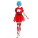Womens red literary costume with blue spiky wig and striped tights
