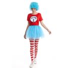 Adult womens storybook mischief costume with red velcro-label shirt and blue tutu