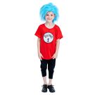 Kids storybook twin costume with red shirt turquoise blue wig and numbered labels