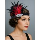 Adult 1920s red feather headband with rhinestone centerpiece on black elastic band