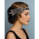 Adult 1920s flapper headband with black feathers and silver beaded Art Deco applique on model with finger-wave hairstyle