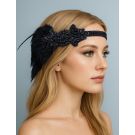 Black beaded 1920s flapper headband with side feather plume and Art Deco scroll beadwork