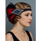 Adult 1920s flapper headband with black and red ostrich feathers and beaded Art Deco panel