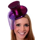 Purple mini top hat on headband with holographic glitter finish and mesh veil