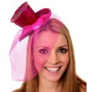Hot pink glitter mini top hat on headband with mesh veil