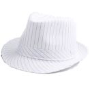 Prohibition-era white trilby hat with center crease crown and black hatband