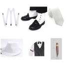 White pinstriped trilby hat with black band, skinny tie, clip suspenders and spats laid flat