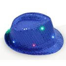 Light-up sequin fedora showing battery compartment and black control button
