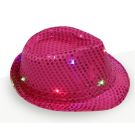 Pink sequin fedora hat showing embedded multi-colour LED lights and button switch