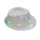 Close-up of LED light-up fedora showing black on/off button and blue pink green red flashing lights