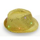 Light-up sequin fedora showing LED flash pattern and push-button control