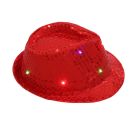 Red sequin fedora showing LED lights illuminated on crown and brim