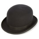 Black bowler hat with grosgrain ribbon band on white background