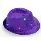 Purple light-up sequin fedora showing red, green, blue LED flash modes