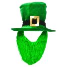 Adult leprechaun hat with attached ginger beard, green plush top hat with gold shamrock buckle