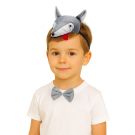 Kids grey wolf costume headband with 3D plush head, googly eyes and red tongue