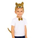 Kids tiger costume accessory set with plush headband ears bow tie and striped tail on white background
