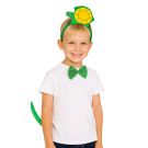 Kids turtle costume accessory set with plush headband, green bow tie and curved tail on white background