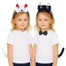 Kids cat costume accessory set with ears headband, bow tie and posable tail in white and black options