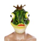 Adult frog mask with green latex finish, golden crown and bulging cartoon eyes