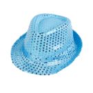 Kids light blue sequin fedora hat with LED lights, front view showing button control