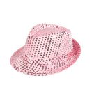 Kids pink sequin fedora hat with LED lights, front view showing button control