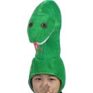 Child wearing bright green snake hood with upright padded neck structure