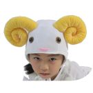White plush sheep headpiece with golden spiral ram horns and embroidered face
