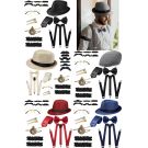 Mens 1920s Gangster Costume Accessory Set - Fedora Hat Suspenders Bow Tie