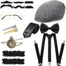 15-piece 1920s gangster accessory kit with flat cap, suspenders, ties, pocket watch and mustaches on white background