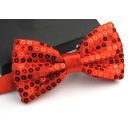Clip-on red sequin bow tie 13cm wide with orange and black sequin accents