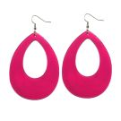 Neon pink teardrop earrings with hollow oval cutout on white background