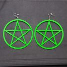 Neon green pentagram star hoop earrings with fishhook closures on white background