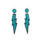 Oversized blue glitter lightning bolt earrings with black outline and circular stud top