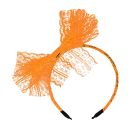 Bright orange lace headband with oversized asymmetrical bow for 80s costume parties