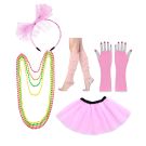 Womens 80s baby pink tutu accessory set with fishnet gloves and neon necklaces