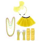 Adult 80s neon costume accessories set with yellow tutu skirt, fishnet gloves and leg warmers